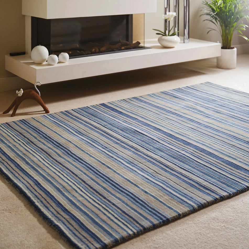 Hug Rug Origins Fine Stripes Blue Beige wool rug