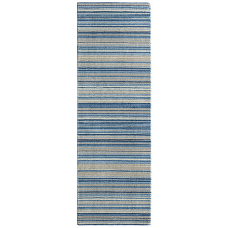 Striped blue and beige rug runner on a white background