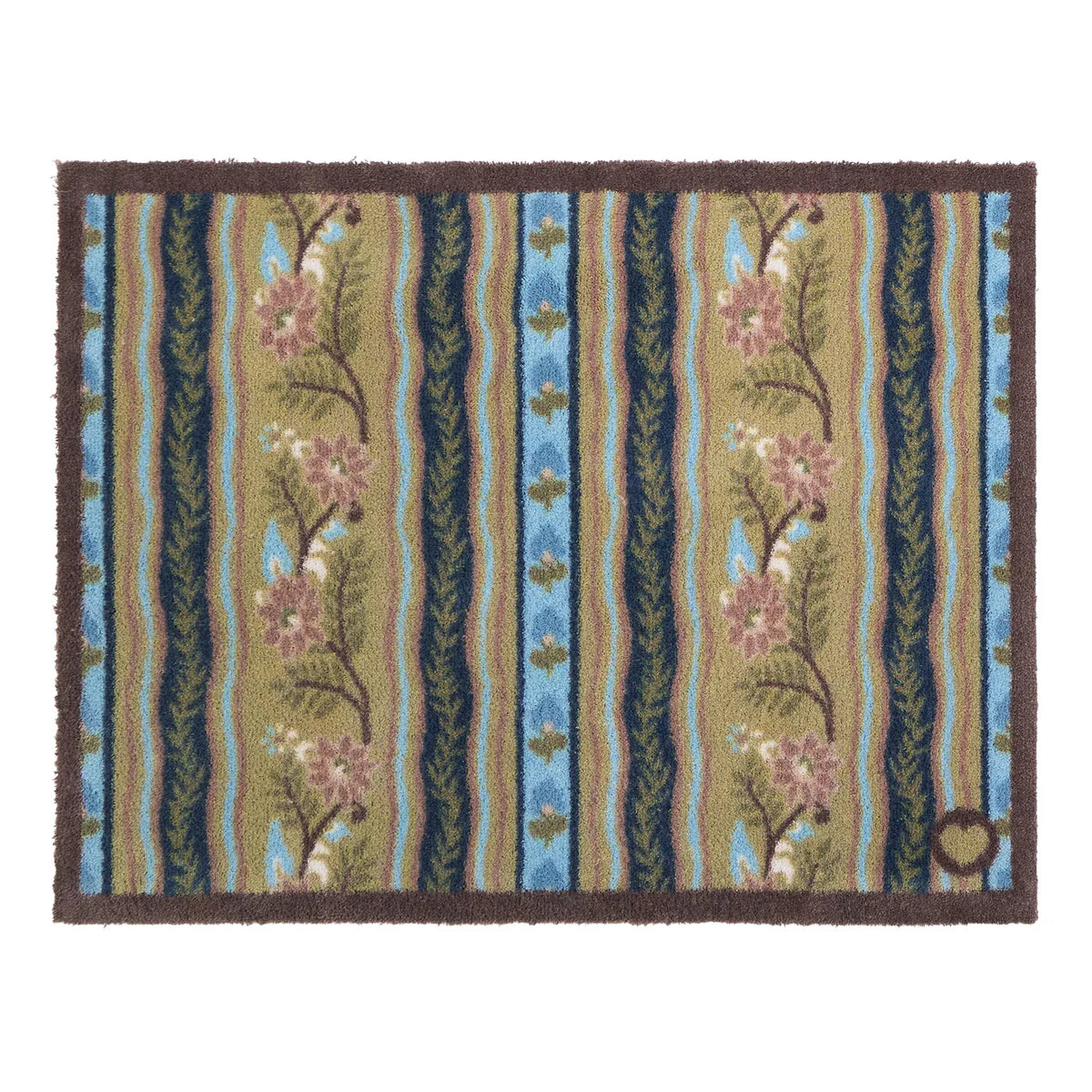 Decorative rug with floral and striped pattern on a white background