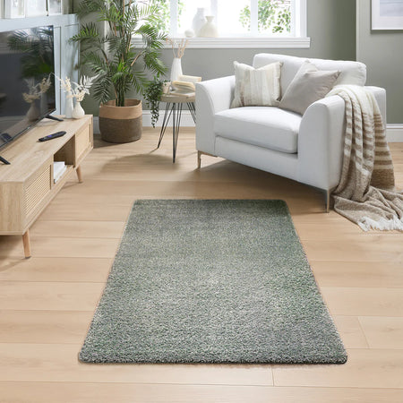 Living room with a green fleck rug, white sofa, and wooden coffee table.