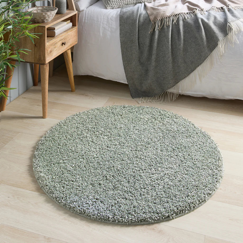 My Rug Green Fleck washable long pile round rug in modern living room