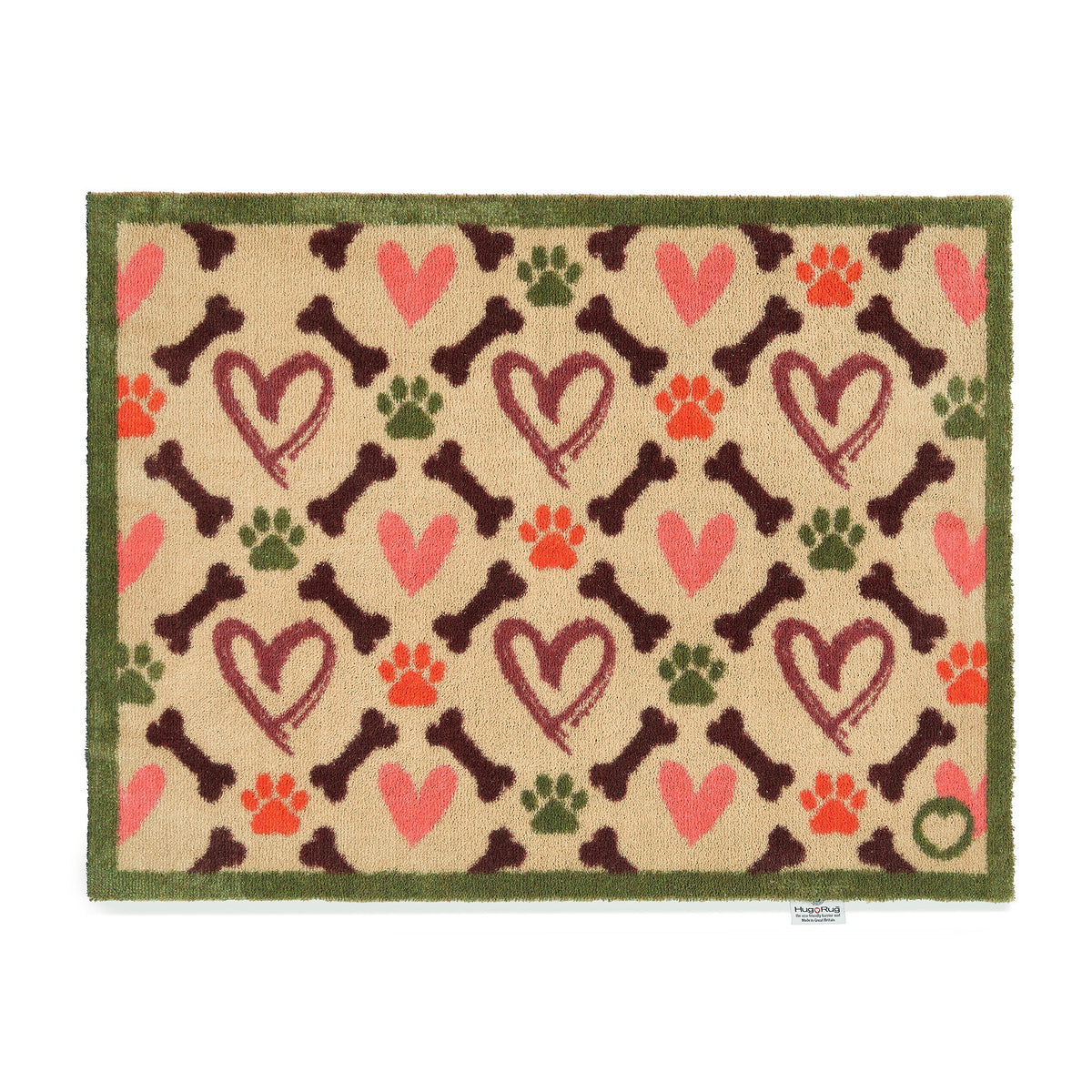 Hug Rug Hearts & Bones beige mat with hearts, bones, and paw prints

