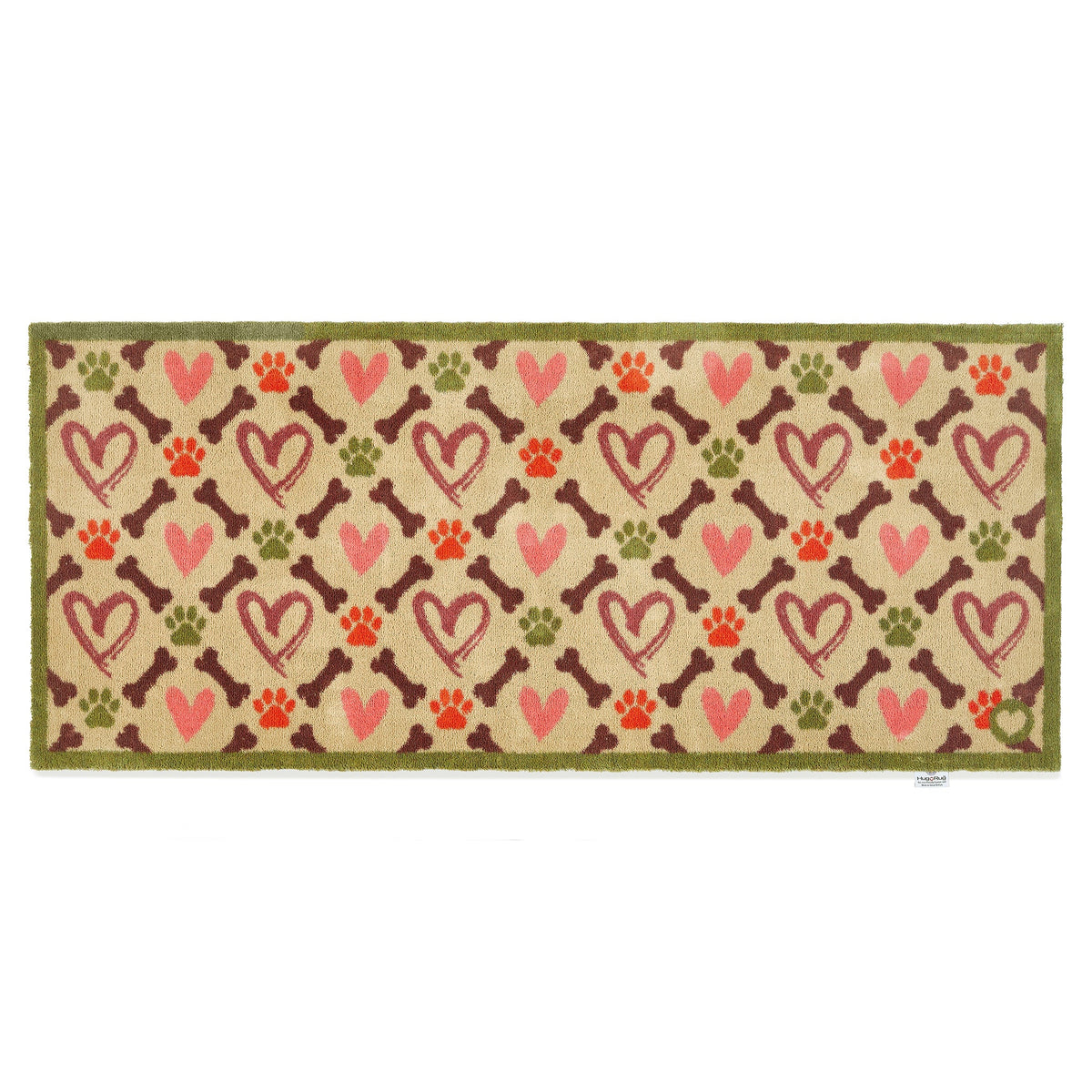 Hug Rug Hearts & Bones beige runner with hearts, bones, and paw prints

