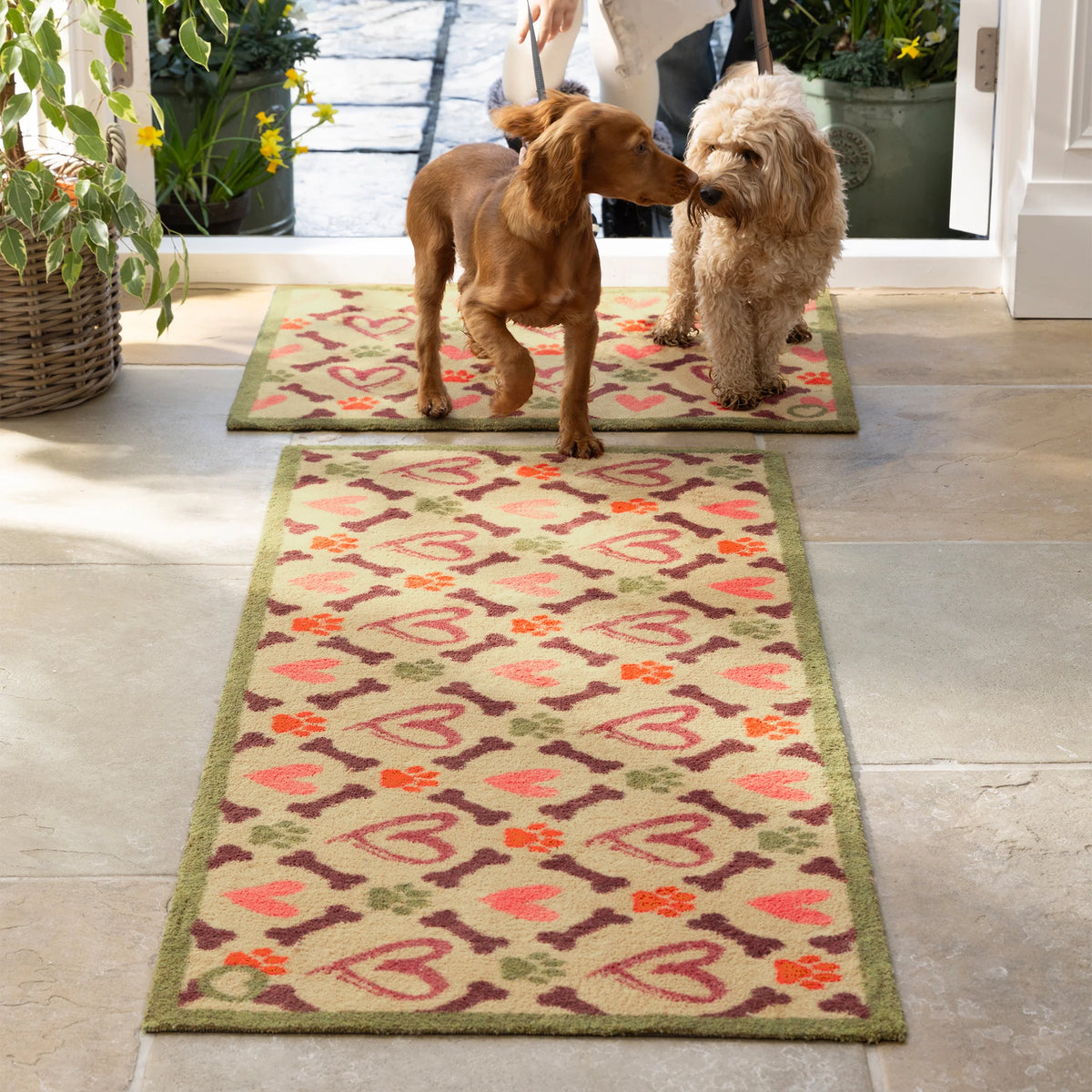 Eco-friendly pet doormat with multicolour pattern and green border

