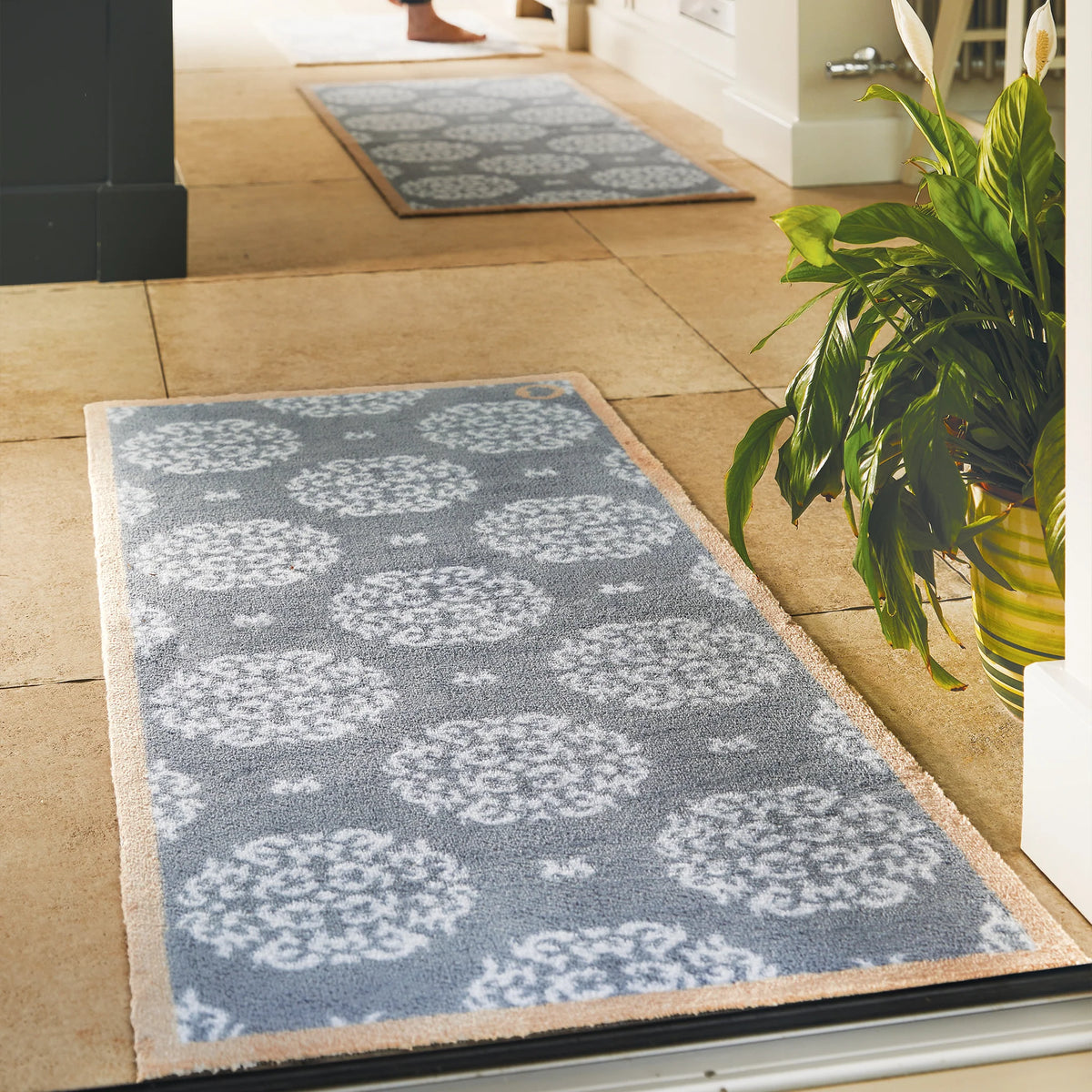Patterned rug on a wooden floor with a plant in the corner