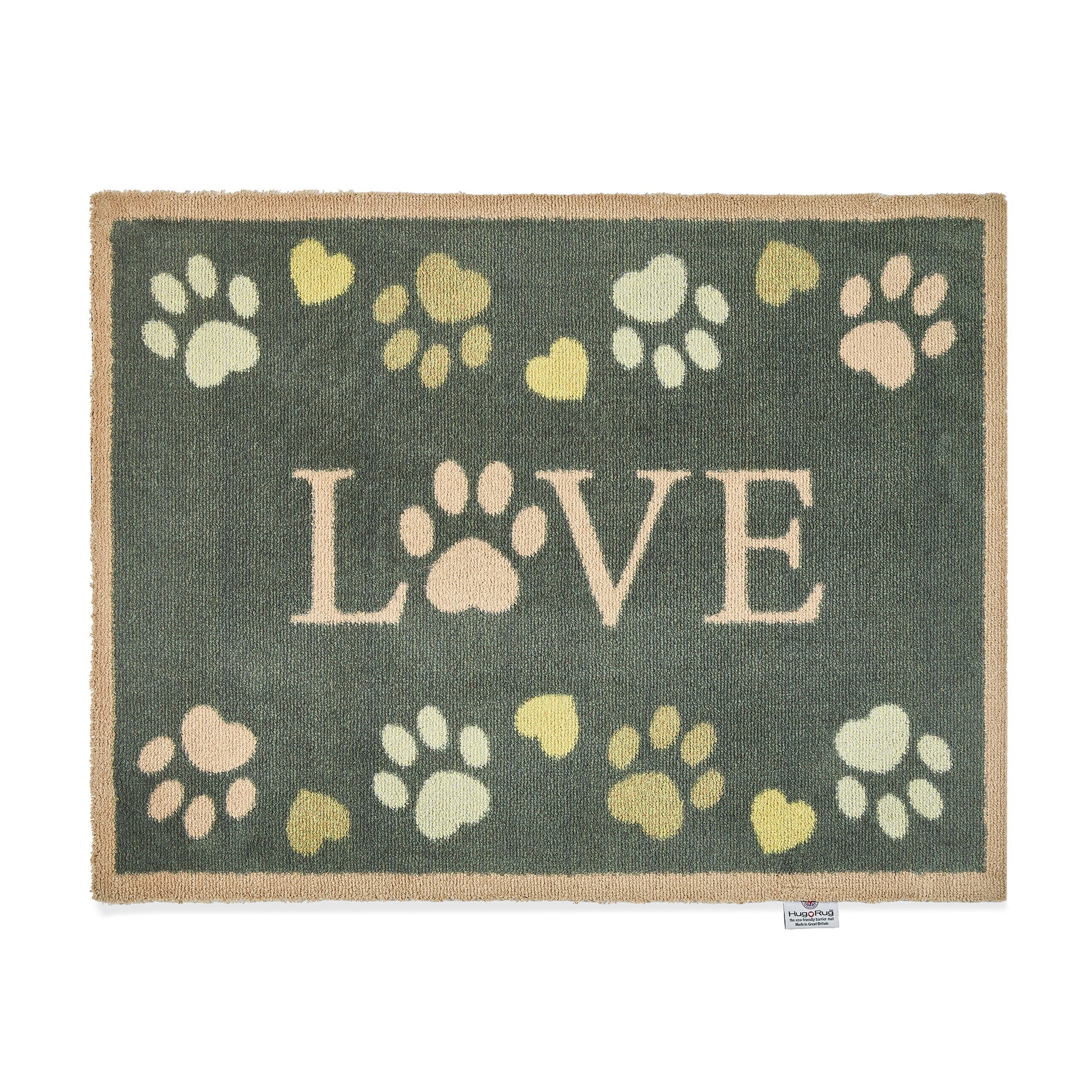 Hug Rug Love Paws doormat with charcoal background and paw heart design

