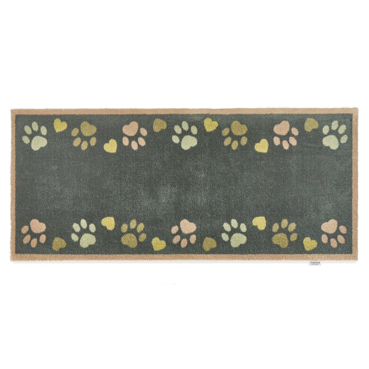 Hug Rug Love Paws runner with charcoal background and paw heart design