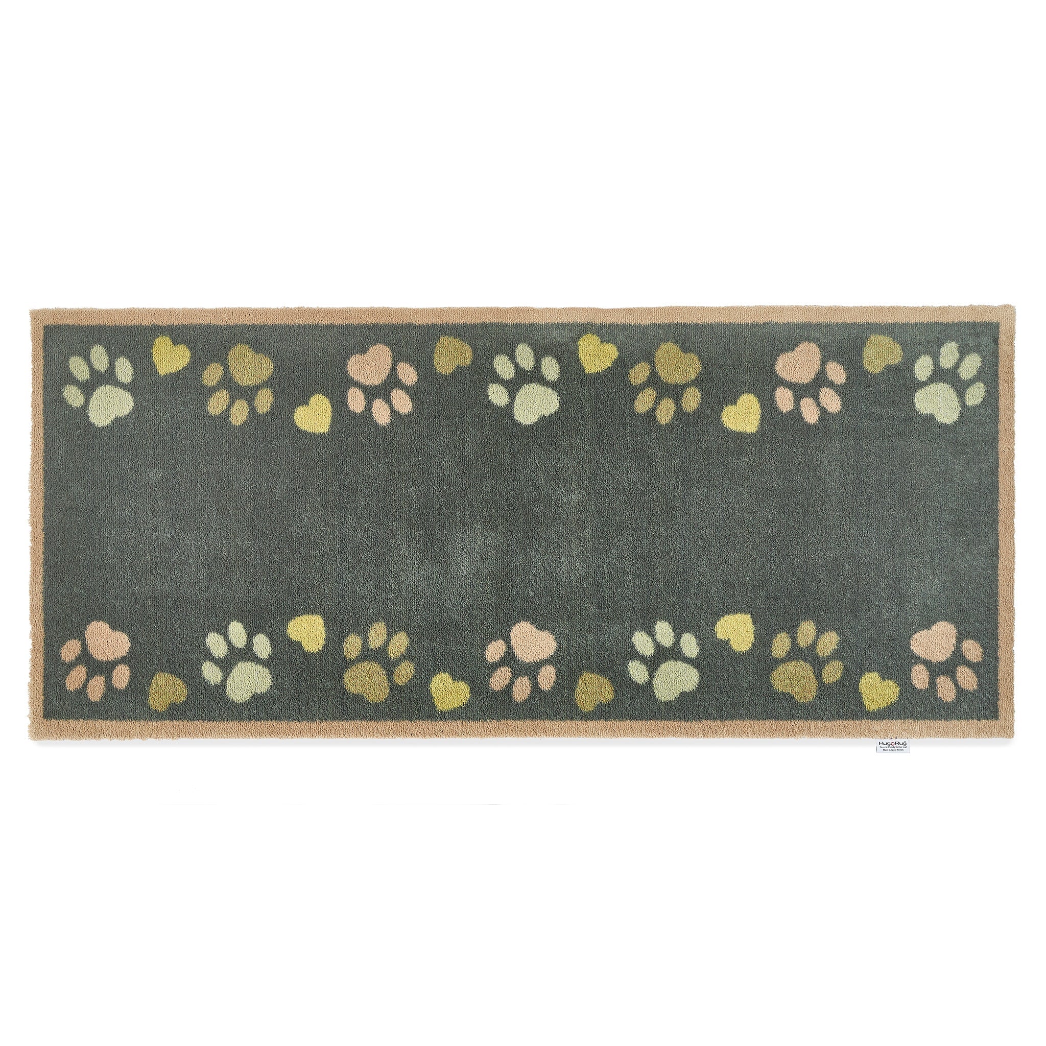 Hug Rug Love Paws runner with charcoal background and paw heart design