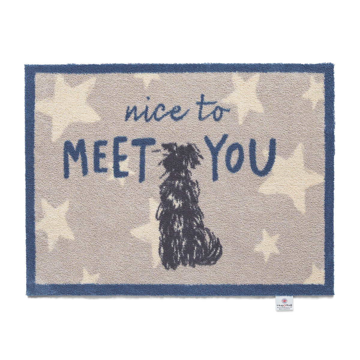 Doormat with a dog illustration and 'nice to meet you' text on a star-patterned background