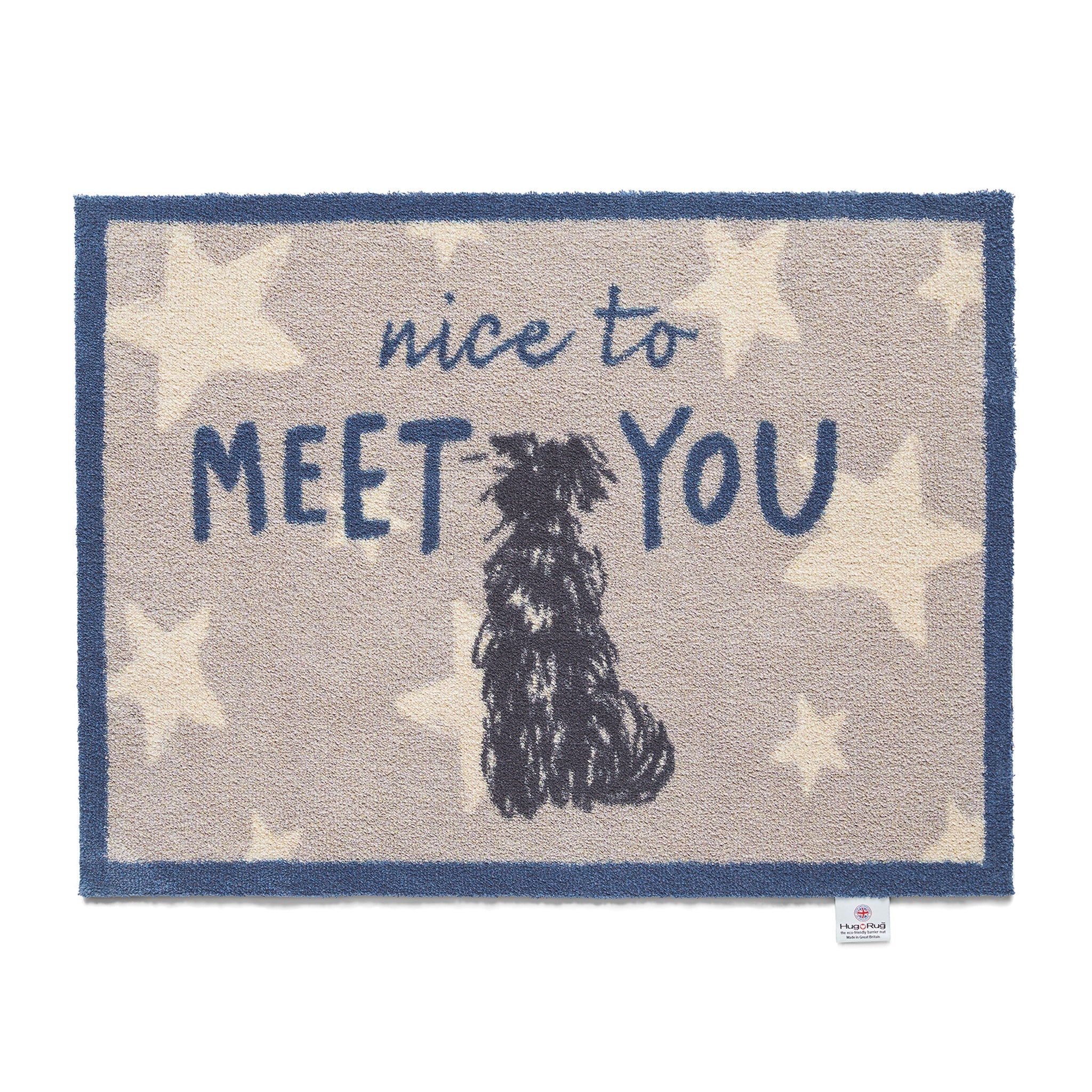 Doormat with a dog illustration and 'nice to meet you' text on a star-patterned background