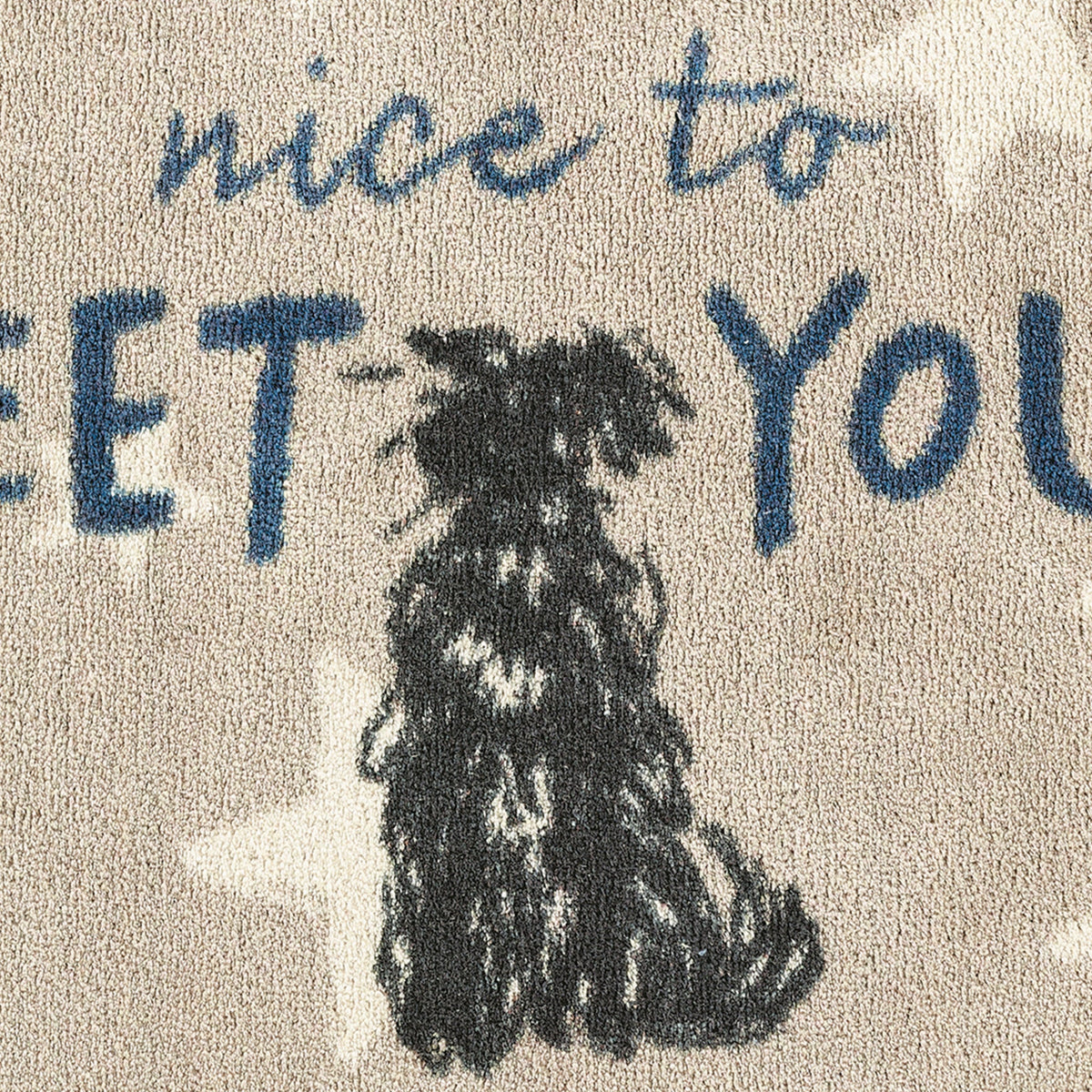 Text 'nice to meet you' with a black dog illustration on a textured background