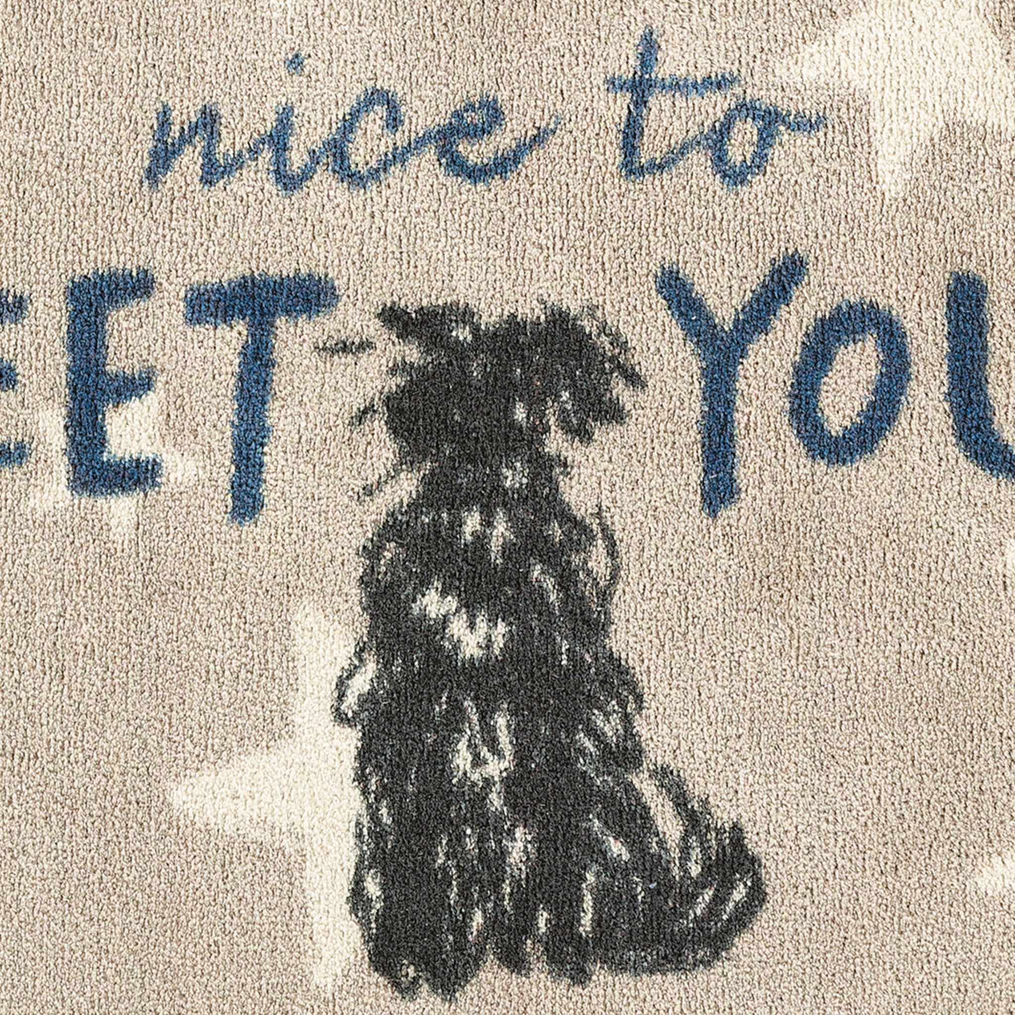 Text 'nice to meet you' with a black dog illustration on a textured background