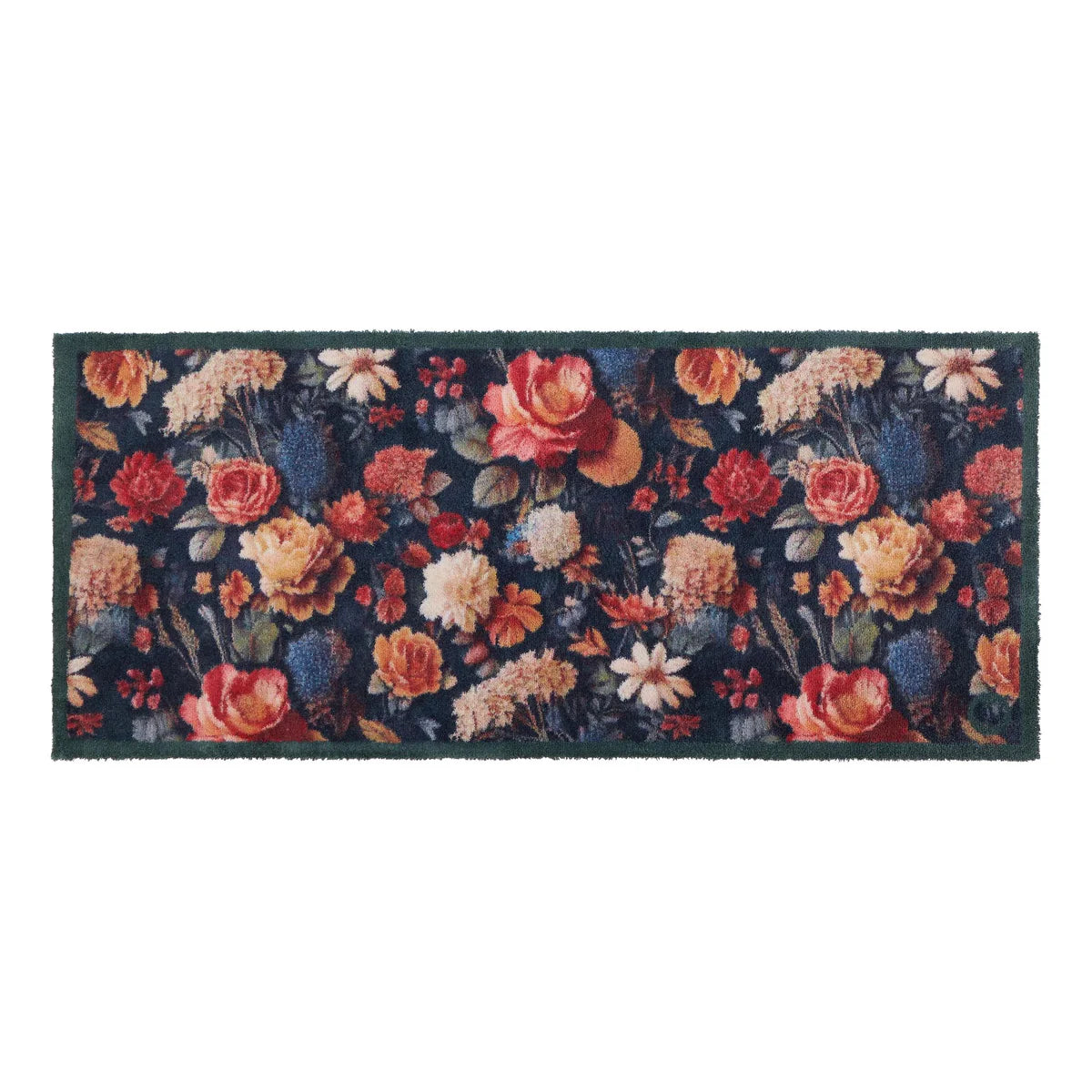 Floral patterned rug runner with colorful flowers on a dark background