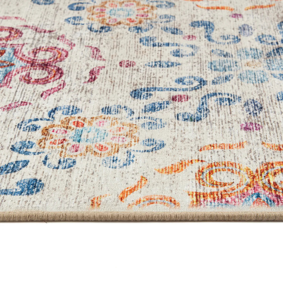 Close-up of a colorful patterned rug with abstract designs.