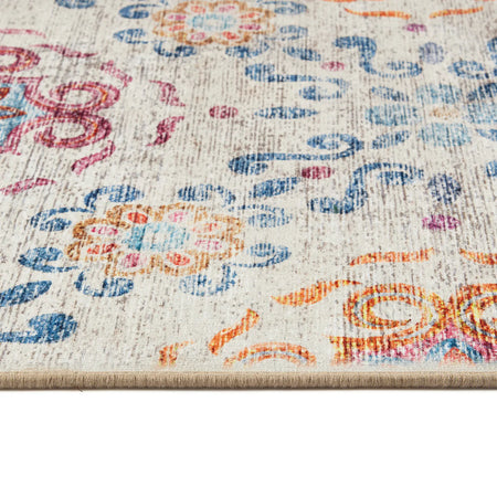 Close-up of a colorful patterned rug with abstract designs.