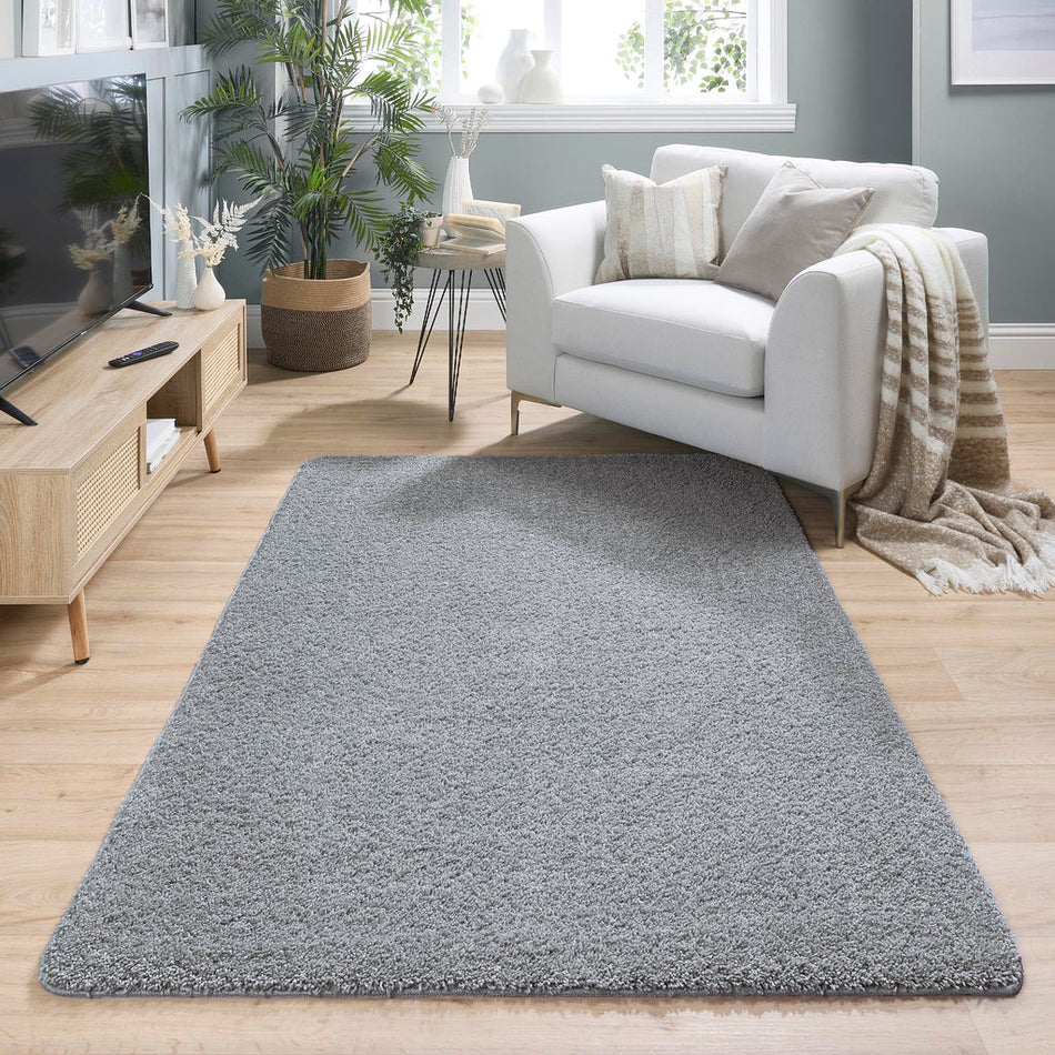 My Rug Blue Fleck washable long pile rug in living room