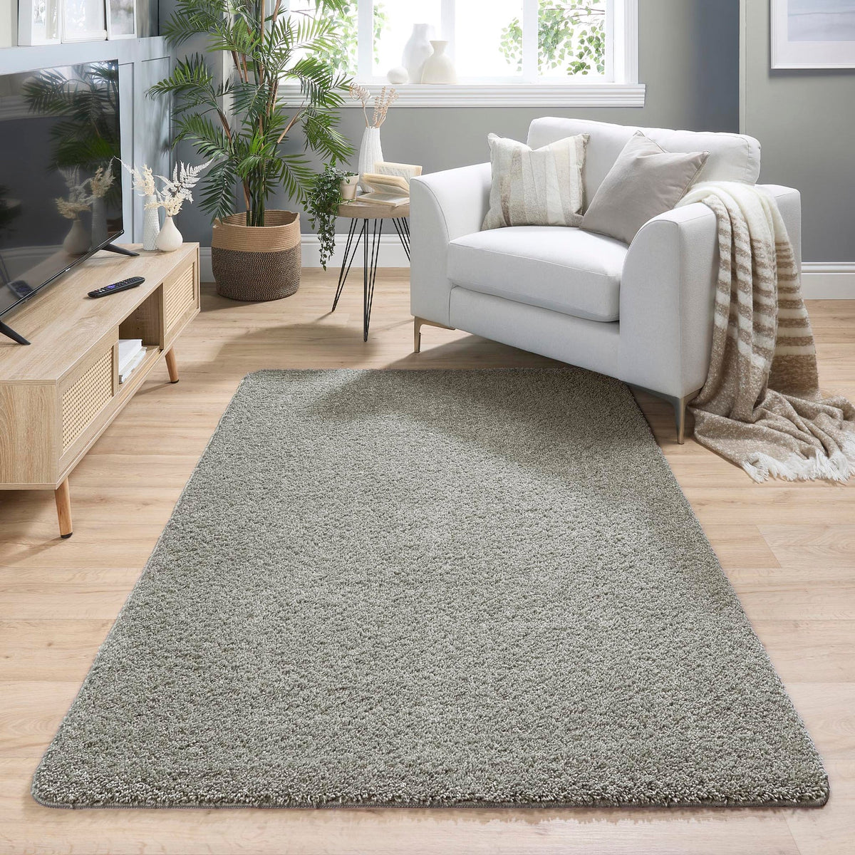 My Rug Ghost Grey shaggy washable long pile rug in living room