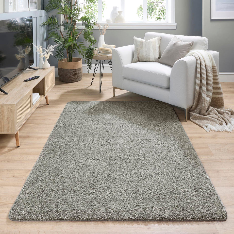 My Rug Ghost Grey shaggy washable long pile rug in living room