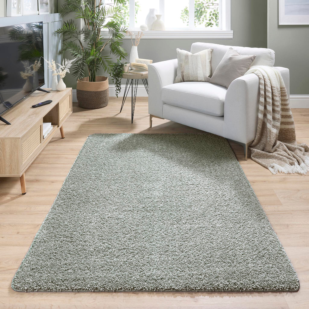 My Rug Green Fleck washable long pile rug in modern living room