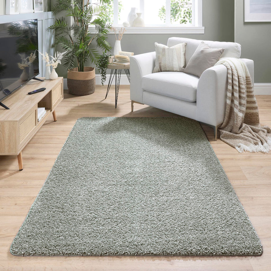 My Rug Green Fleck washable long pile rug in modern living room