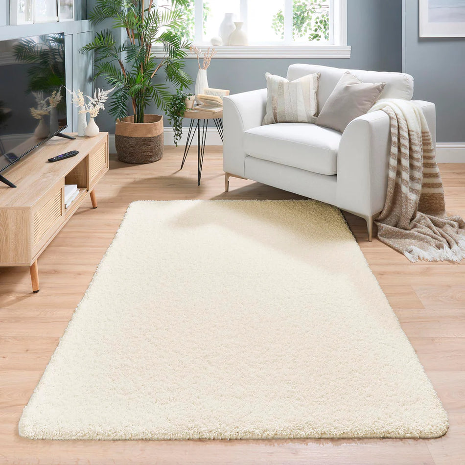 My Rug Ivory washable long pile rug in neutral living room