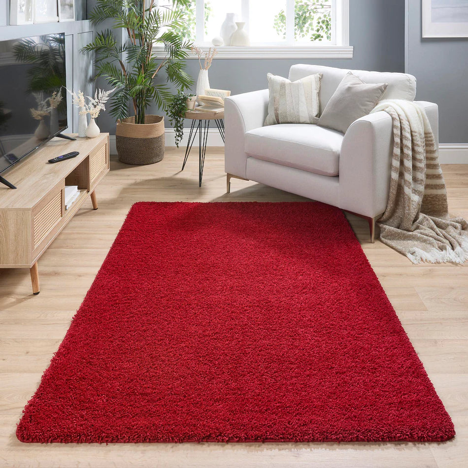 My Rug Red washable long pile rug – bold living room design