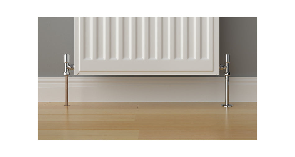 Talon Chrome Snappit Cover fitted over 15mm radiator pipe with matching chrome collar for a sleek, polished finish