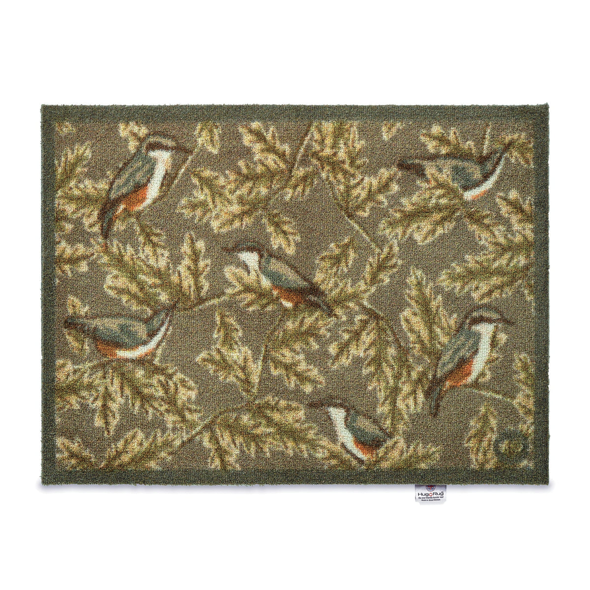 Decorative rug with bird and leaf pattern on a white background