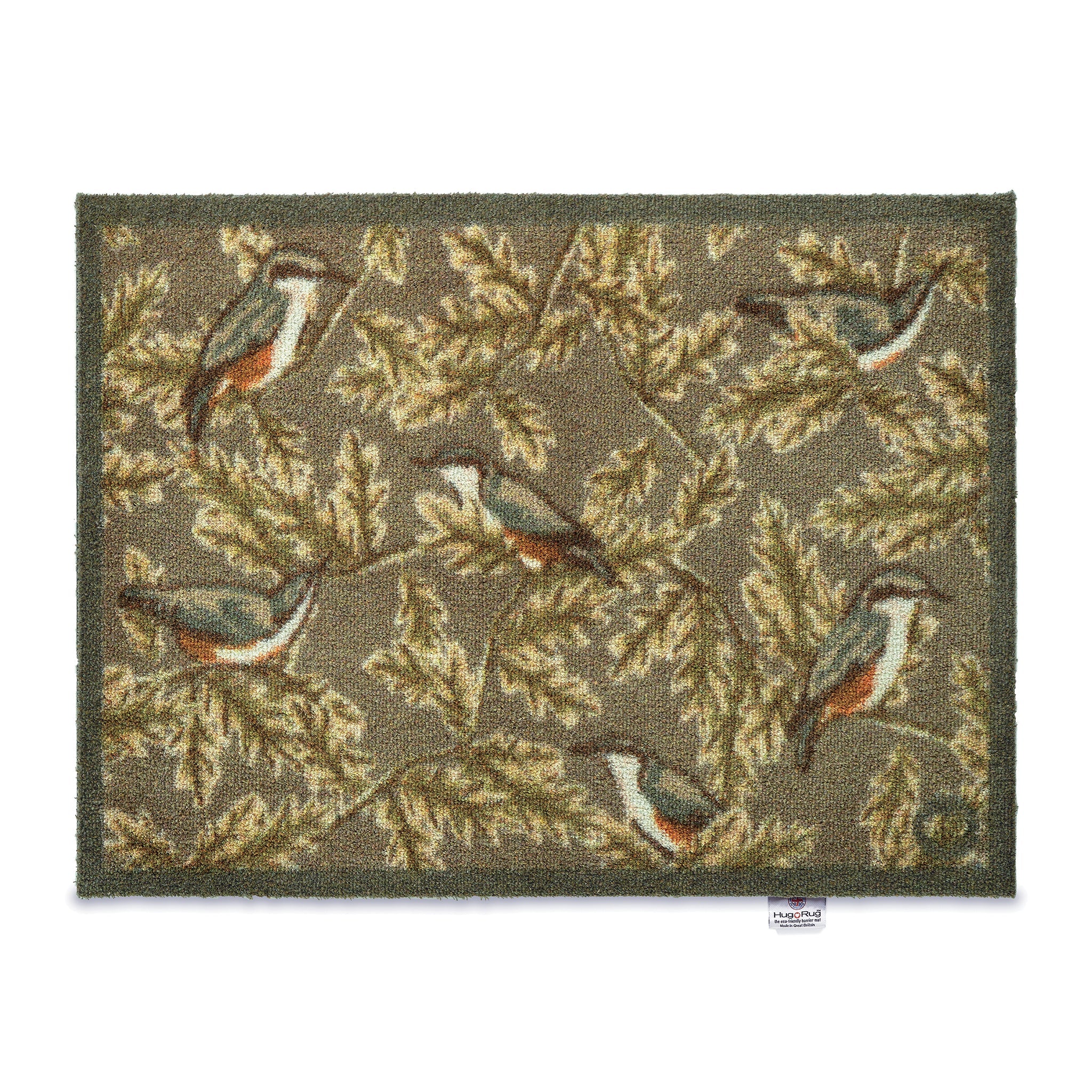 Decorative rug with bird and leaf pattern on a white background