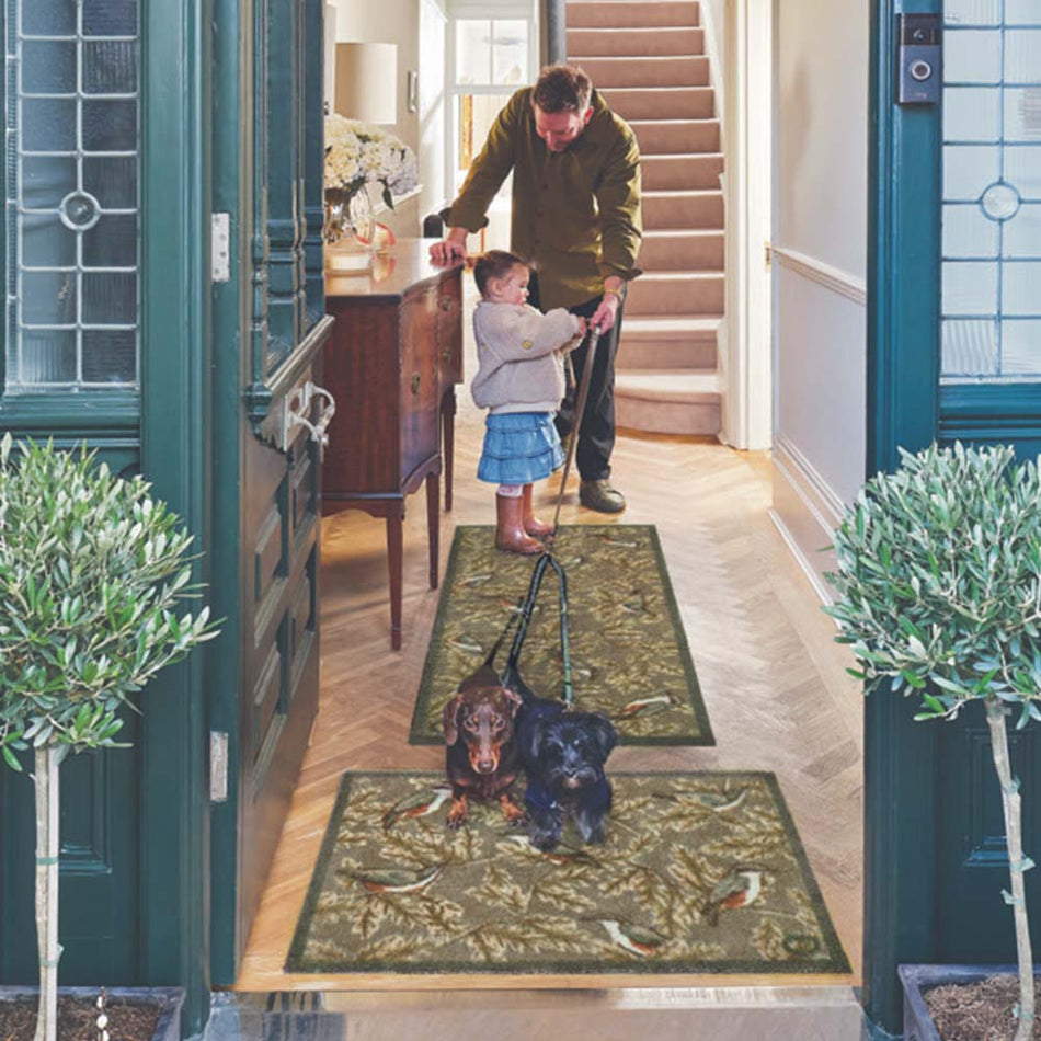 Man and child with two dogs on patterned rugs in a home setting