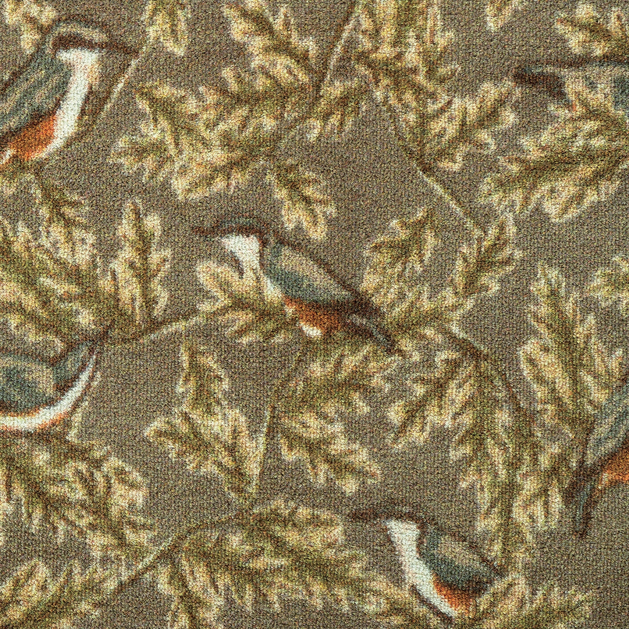 Pattern of birds and branches on a textured fabric background