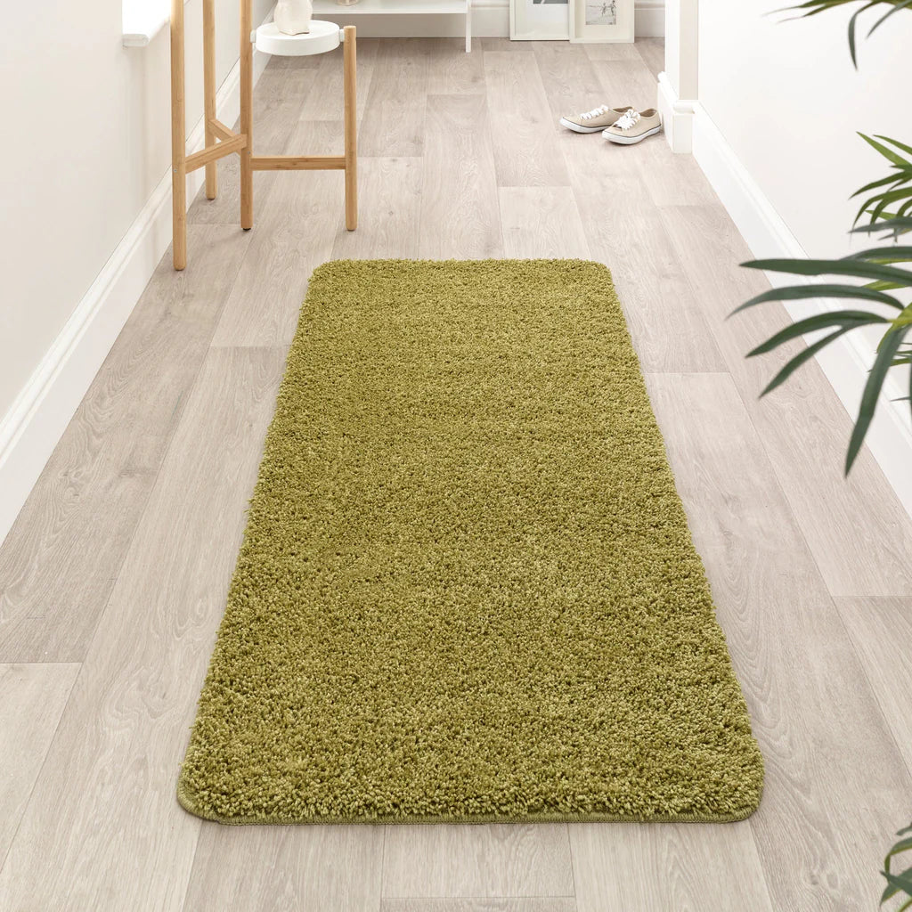 Green rug on a light wooden floor with a plant in the corner