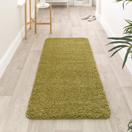 Green rug on a light wooden floor with a plant in the corner