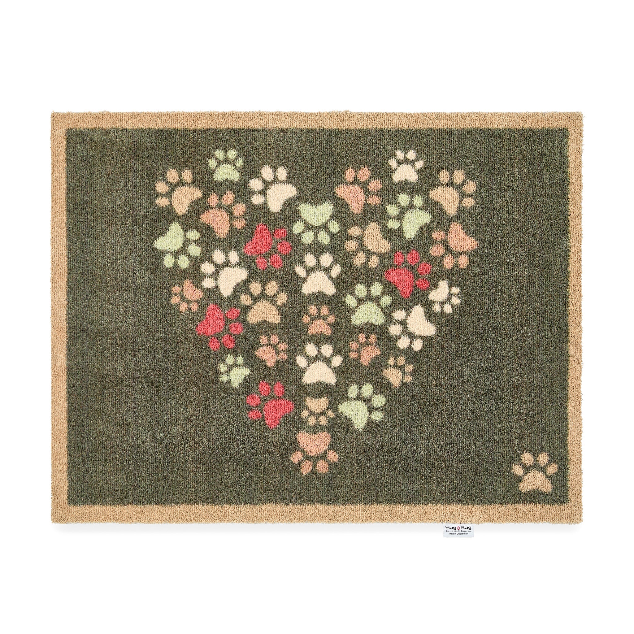 Hug Rug Paws for Love grey doormat with red heart and paw prints

