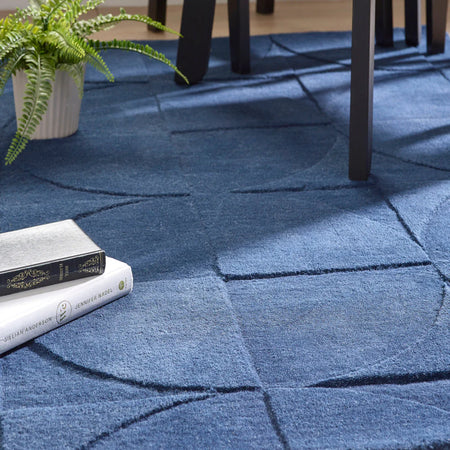 Origins Penny Rug Infinity dark blue wool patterned rug with books and a plant on top
