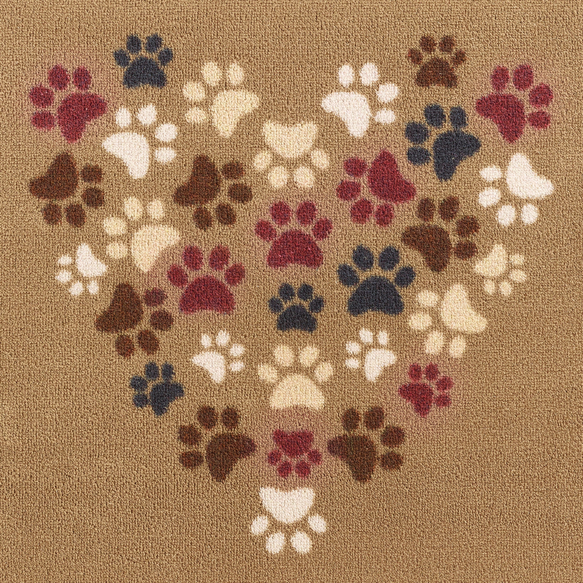 Close-up of multi-coloured paw print heart design

