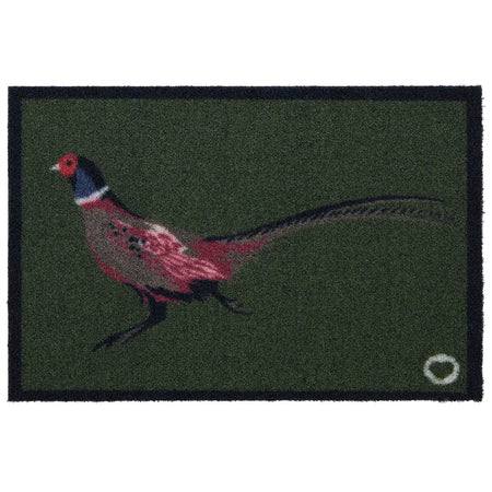 Doormat with a pheasant design on a green background