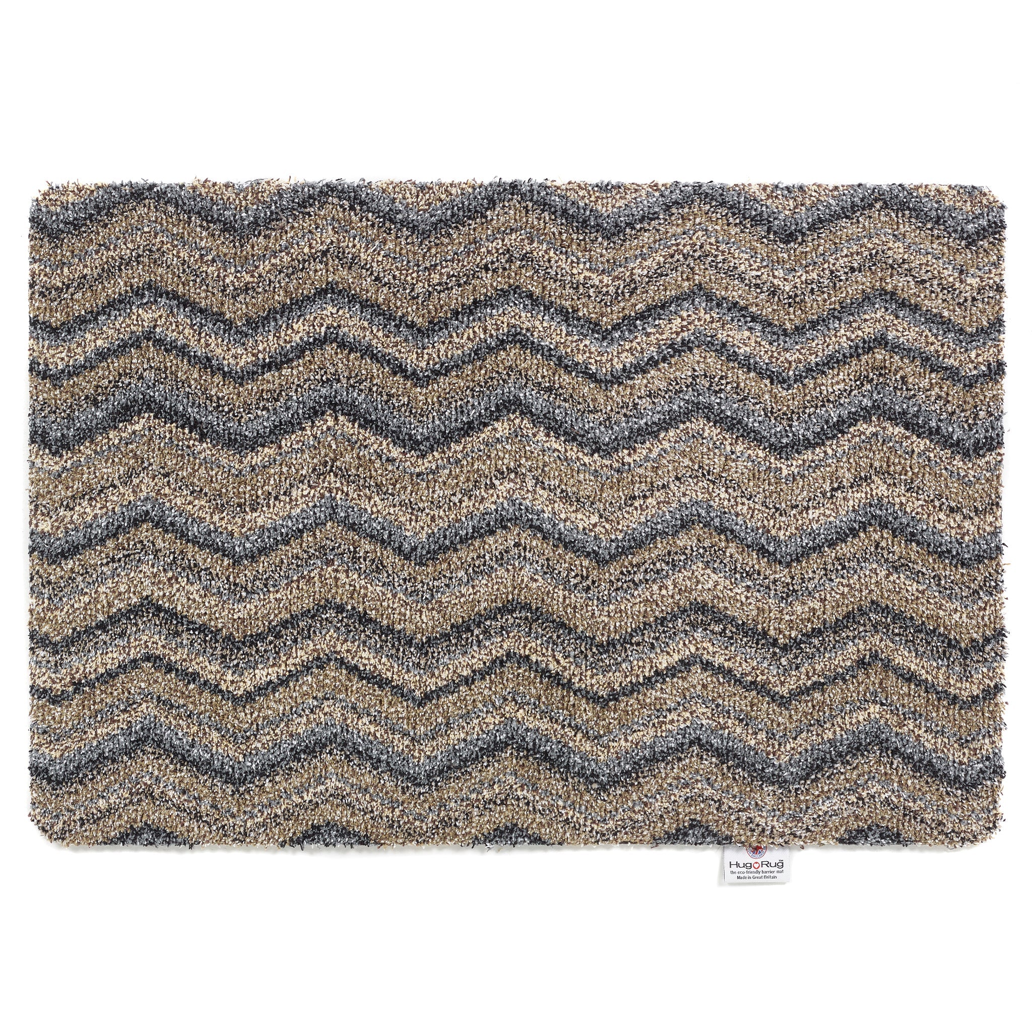 Hug Rug Ribbon Grey Zigzag mat with navy, beige, blue, and white pattern

