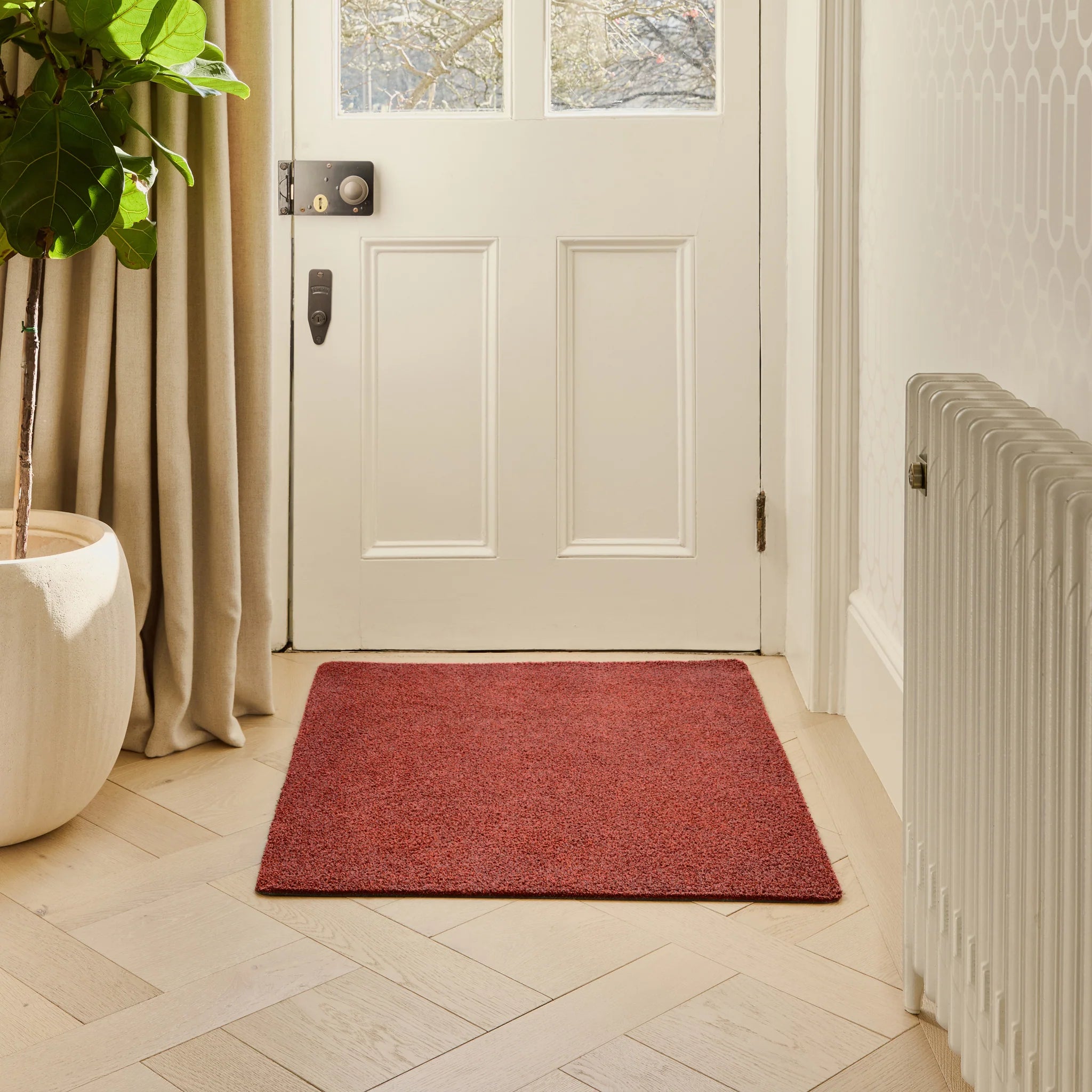 Red doormat in front of a white door with a plant and radiator in the background
