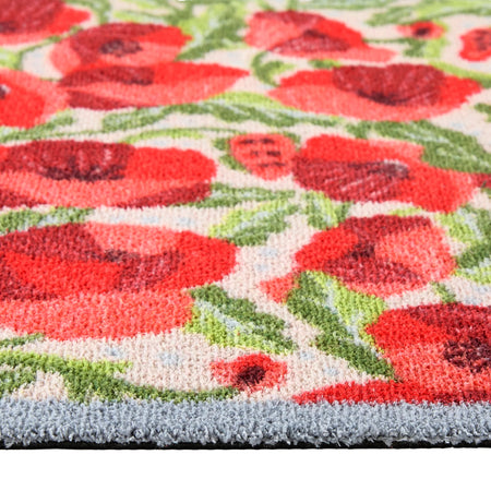 Close-up of Hug Rug red poppy design and texture

