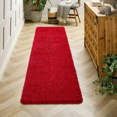Red runner rug on a wooden floor with furniture and plants in the background