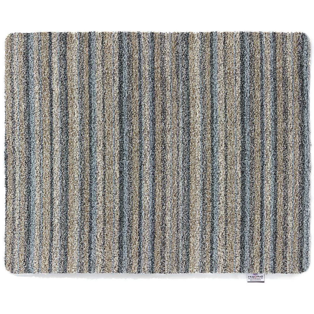 Striped rug with blue and beige pattern on a white background