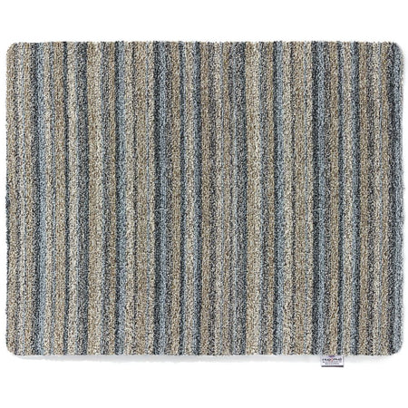 Striped rug with blue and beige pattern on a white background