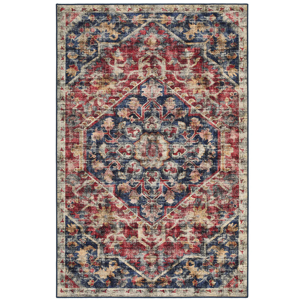 Royal Heritage washable rug in blue, red and cream tones

