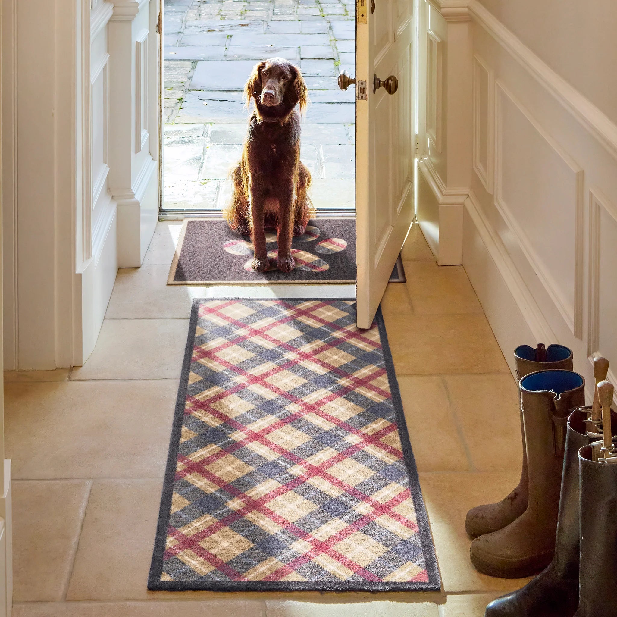 Tartan Paw Hug Rug hallway runner for dog-friendly homes

