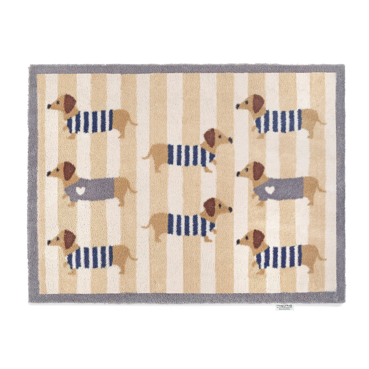 Hug Rug Sausage Dog Chic with cream and beige striped background

