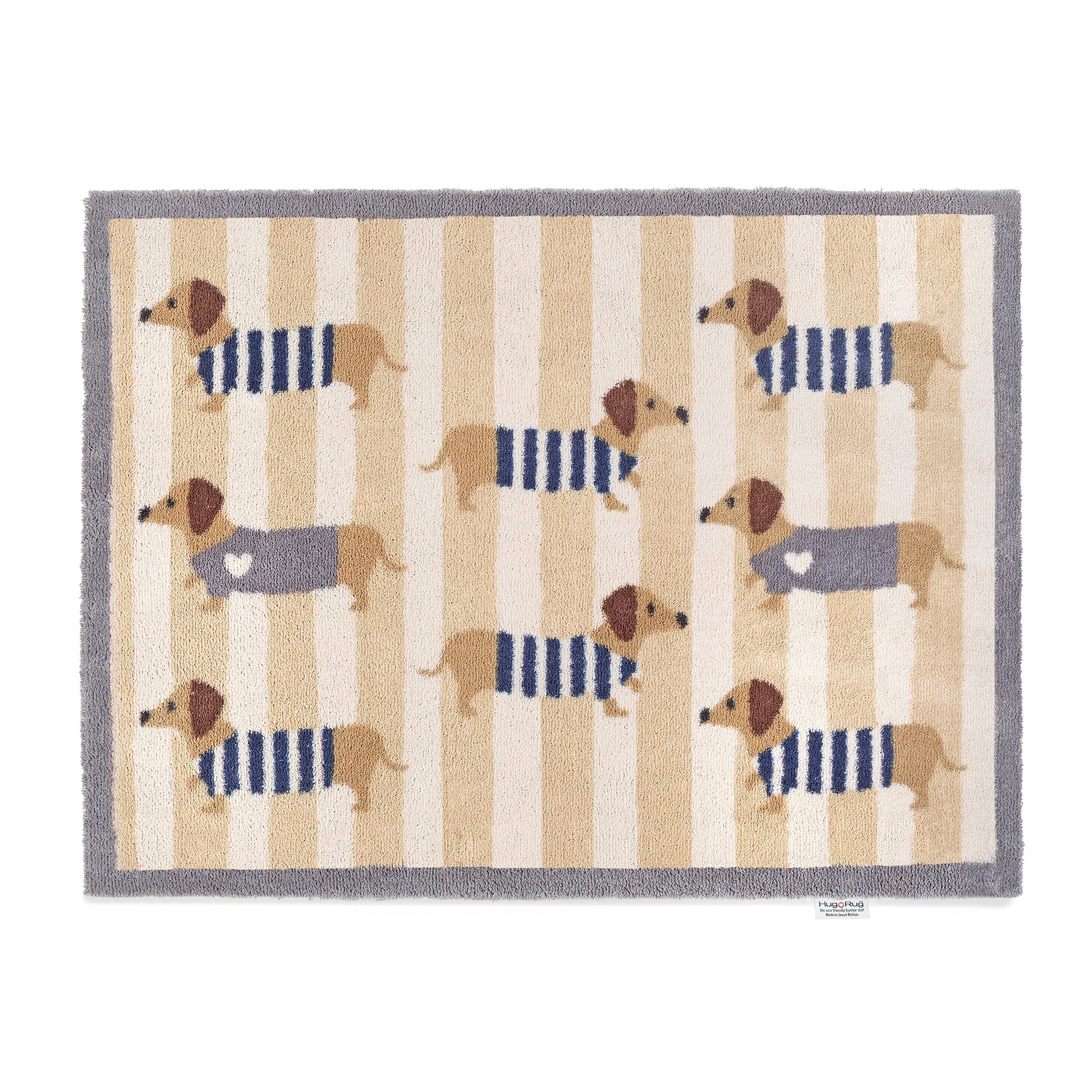 Hug Rug Sausage Dog Chic with cream and beige striped background

