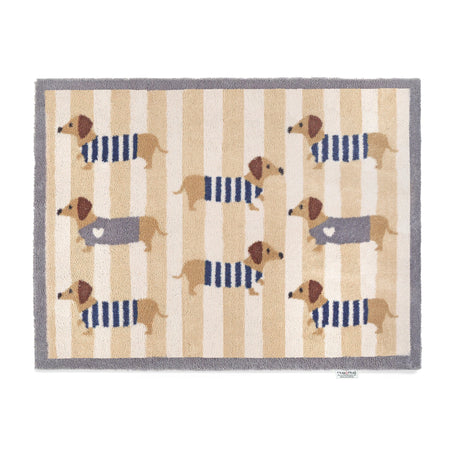 Hug Rug Sausage Dog Chic with cream and beige striped background

