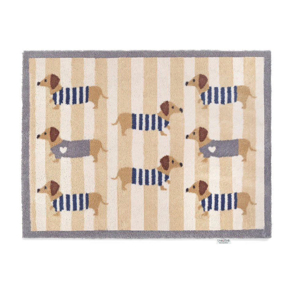 Hug Rug Sausage Dog Chic with cream and beige striped background

