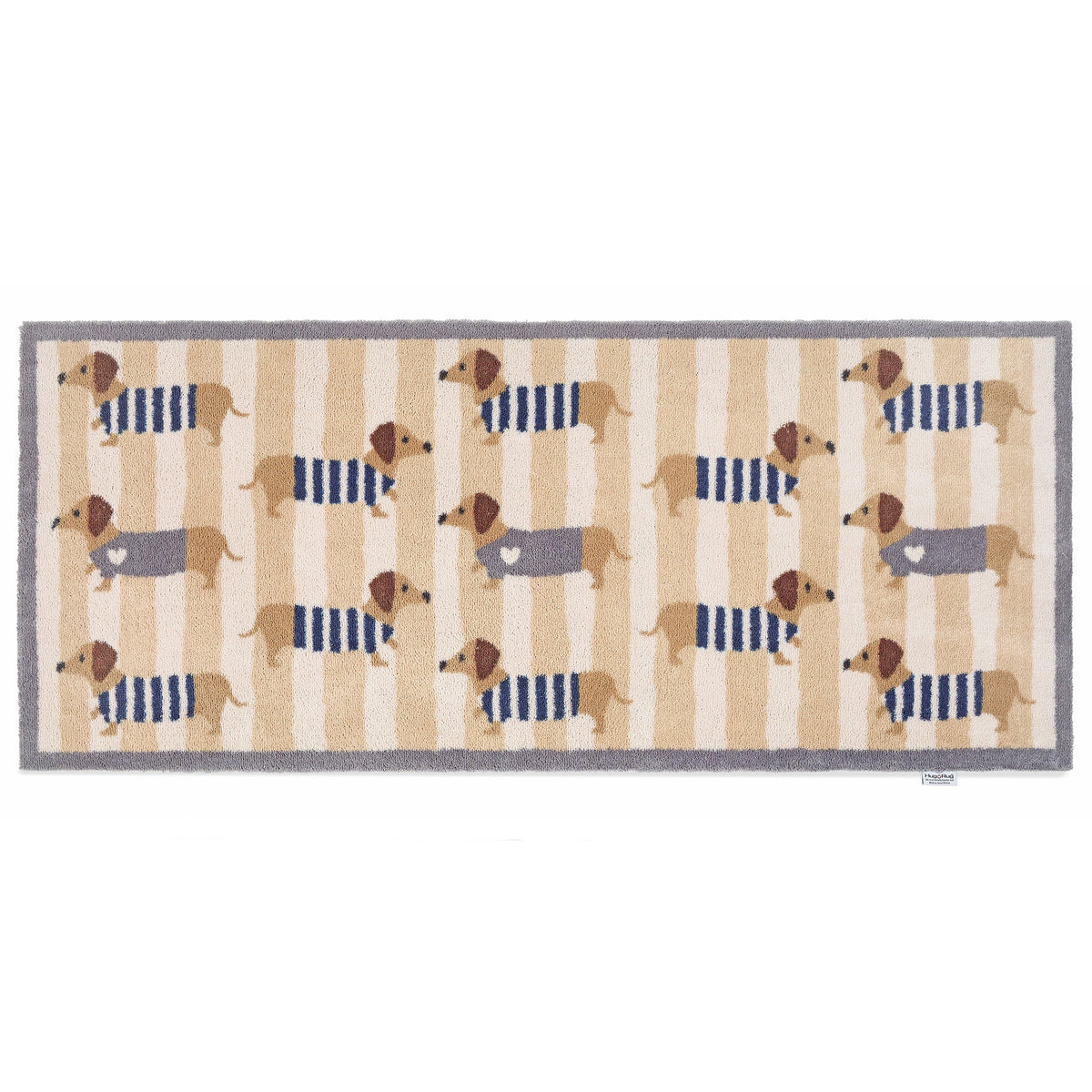 Hug Rug Sausage Dog Chic runner with cream and beige striped background

